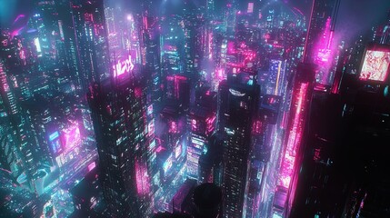 A breathtaking depiction of a futuristic cityscape illuminated by vivid neon lights in hues of pink, blue, and purple. The scene showcases towering skyscrapers densely packed together, each adorned wi