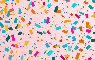 A colorful confetti explosion on a pastel pink background, perfect for celebrations and festive themes.