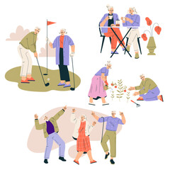 Nursing Home with Retired Man and Woman Character Doing Different Activity Vector Set