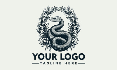 Floral Snake Tattoo Logo Vector coiled snake intricately entwined within a leafy floral wreath. The design juxtaposes the danger of a venomous serpent with the delicate beauty of nature