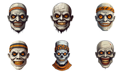 Set of cartoon horror mummy character faces. vector illustration of evil mummy smile scary circus monsters. White background. 
