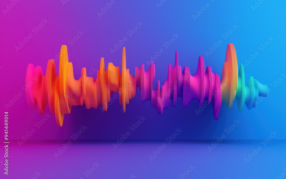 Poster vibrant abstract waveforms in multicolored gradient hues on a blue and pink background, blending art