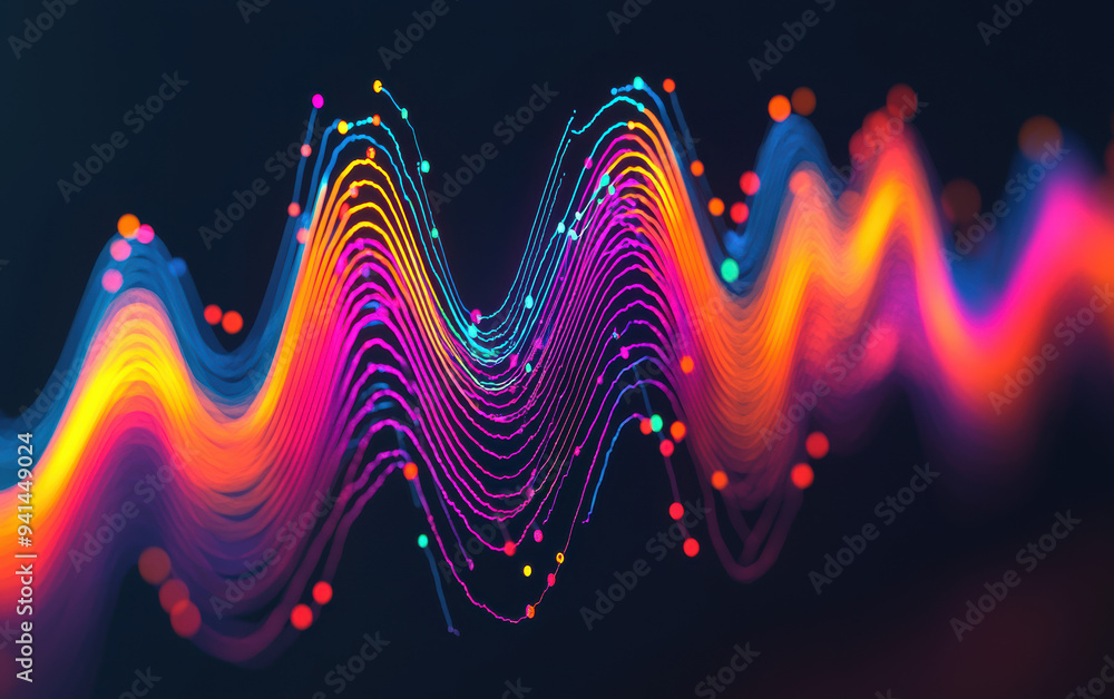 Poster abstract colorful digital wave with bright lights and dots. futuristic graphic representation of dat