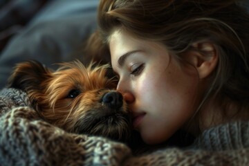 A young girl snuggles with her pet dog on a cozy bed, perfect for a homey scene or a warm moment