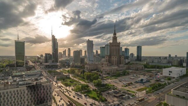 Warsaw Poland time lapse high angle view sunset city skyline at Centrum Square downtown business district