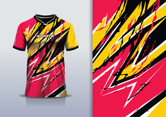 Sport jersey design template mockup curve line grunge racing for football soccer, running, esports, red yellow black color