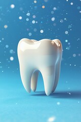 A 3D-rendered tooth on a blue background with a sparkling effect.