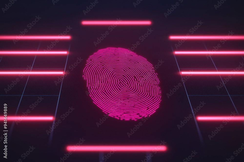 Poster a high-tech digital fingerprint scan illuminated by red neon lights, representing security, identifi