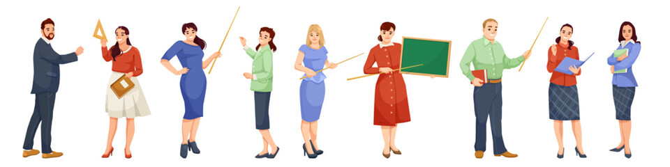 A group of teachers standing together holding various teaching tools, on a white background. Concept of education and teaching. Vector illustration