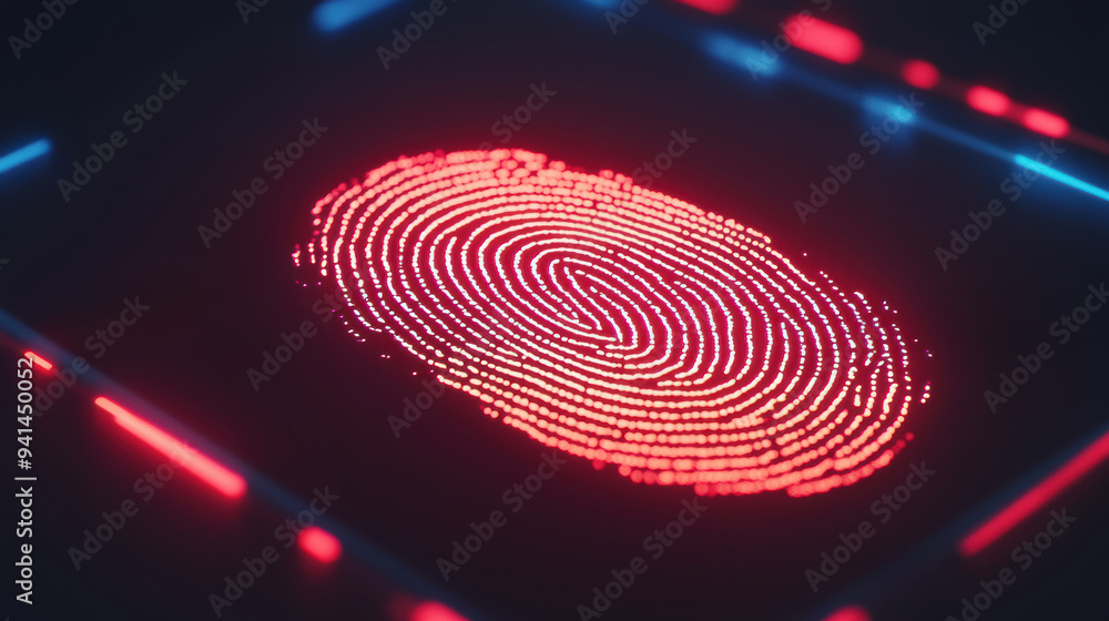 Poster futuristic glowing fingerprint scan in red neon light on digital surface, concept of biometric secur