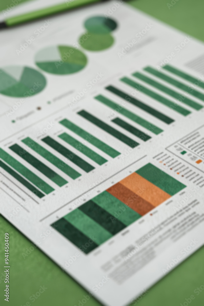 Poster close-up of a green-themed business report with bar and pie charts, highlighting data analysis and f