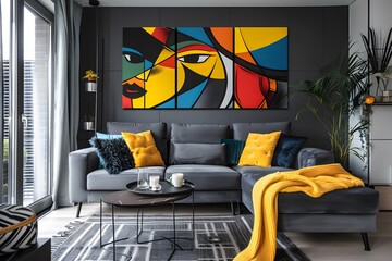 Modern Living Room with Colorful Abstract Art and Cozy Decor
