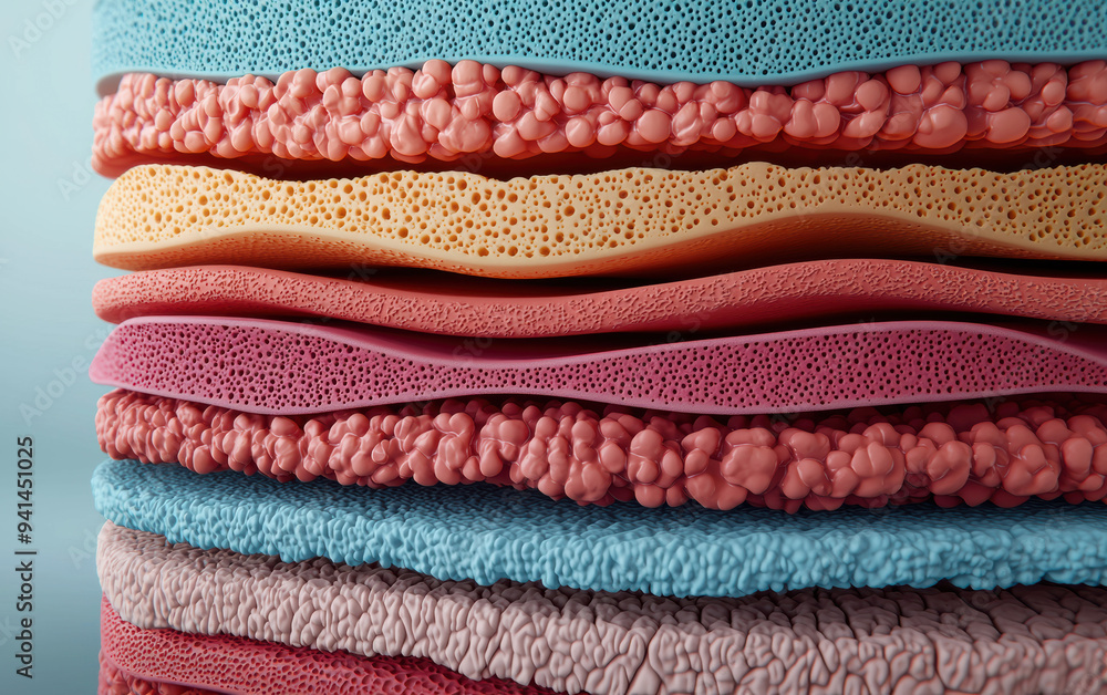 Aufkleber close-up of various colorful textured sponge layers, showcasing diverse patterns and materials, perf