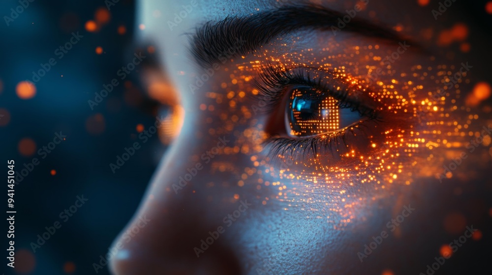Wall mural close-up of a human eye with digital data overlay generative ai