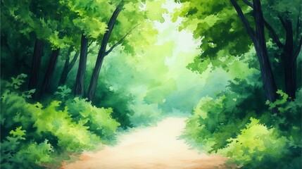 Naklejka premium Green Forest Watercolor: Sunlit forest pathway surrounded by dense green foliage watercolor.