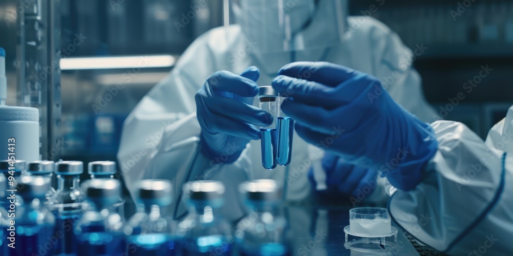 Poster a scientist holds a vial in a lab setting, ready for experimentation