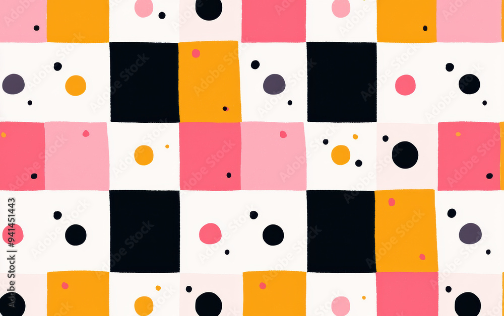 Poster vibrant abstract geometric pattern featuring colorful squares and playful dots, perfect for backgrou
