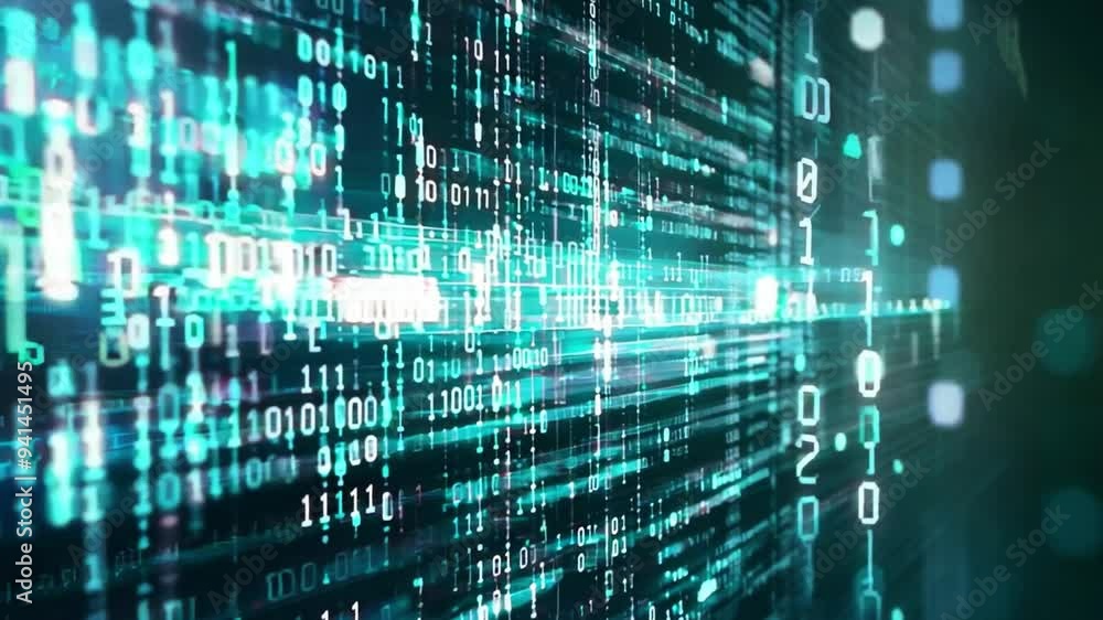 Poster bright blue binary code streams through a virtual space, creating a sense of depth and movement in a