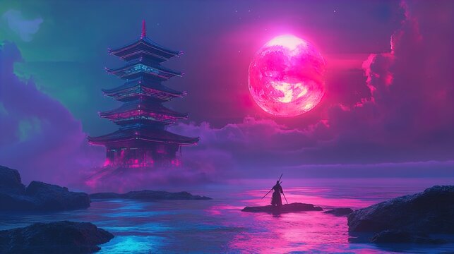 In this visually striking image, a lone samurai stands on a rock, holding a sword under an ethereal, vibrant night sky. A colossal, brightly glowing pink moon dominates the sky, casting an intense lum