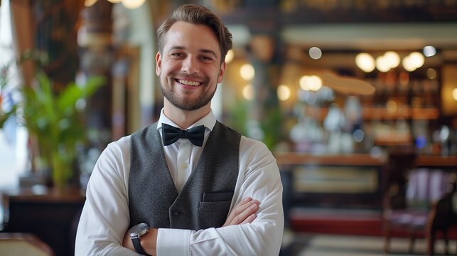 A smiling waiter in a formal setting, ready to serve guests.