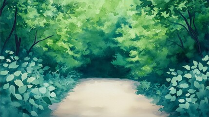 Obraz premium Green Forest Watercolor: Watercolor forest path surrounded by dense green foliage.