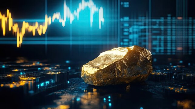 Close-up of a gold nugget on a digital background featuring a fluctuating stock market graph.