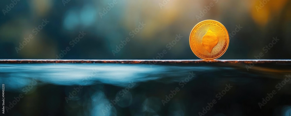 Poster close-up of a shiny gold coin resting on a smooth surface, reflecting warm light and creating a sere
