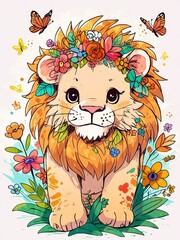 Obraz premium A whimsical lion adorned with flowers and butterflies colorful sketch with white background