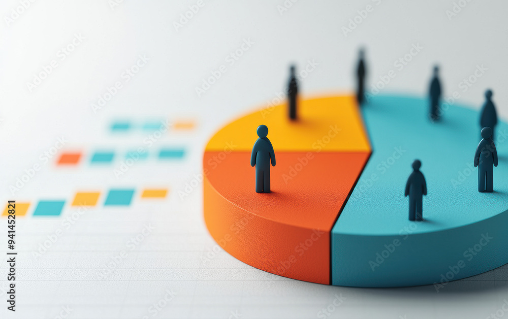 Poster conceptual image of a pie chart with small figures representing data analysis, business strategy, an
