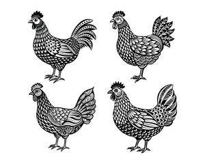 Set of black hen silhouettes.