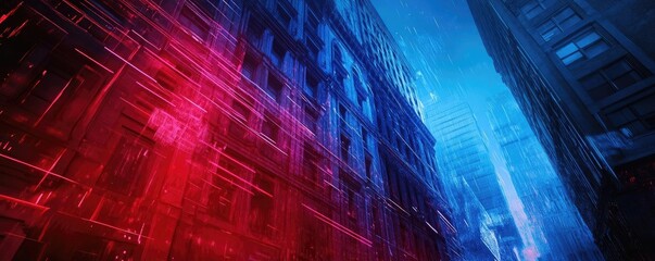 A futuristic cityscape illuminated by red and blue lights, showcasing modern architecture and a vibrant urban atmosphere.