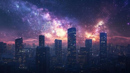 Fototapeta premium A stunning city skyline illuminated against a cosmic backdrop, showcasing a vibrant galaxy and towering skyscrapers at night.