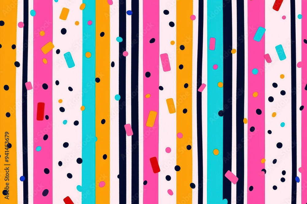 Poster vibrant abstract background featuring colorful vertical stripes and scattered confetti elements in p