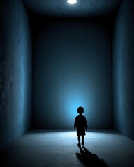 Obraz premium Silhouette of a child walking towards a light in a dark room.