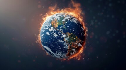 Naklejka premium A dramatic depiction of Earth engulfed in flames, symbolizing climate change and environmental stress.