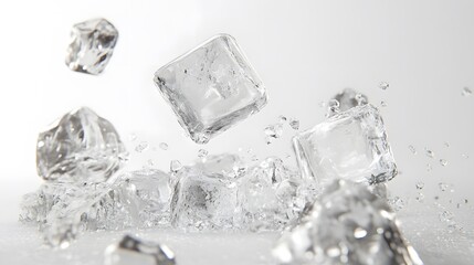 CG Floating Ice Cubes: Perfectly clear CG ice cubes hovering above a white background, with detailed textures and light reflections.

