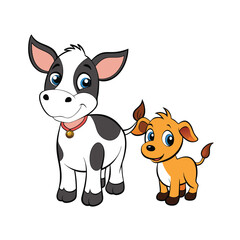 Cartoon vector of a calf and puppy with emotional expressions on a white background.