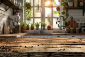 Cozy Kitchen with Sunlit Wooden Countertop and Lush Greenery