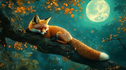 Enchanting Red Fox Relaxing on Tree Branch under Green Moonlight - Vibrant High-Definition Wildlife Photography