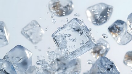 CG Floating Ice Cubes: Perfectly clear CG ice cubes hovering above a white background, with detailed textures and light reflections.
