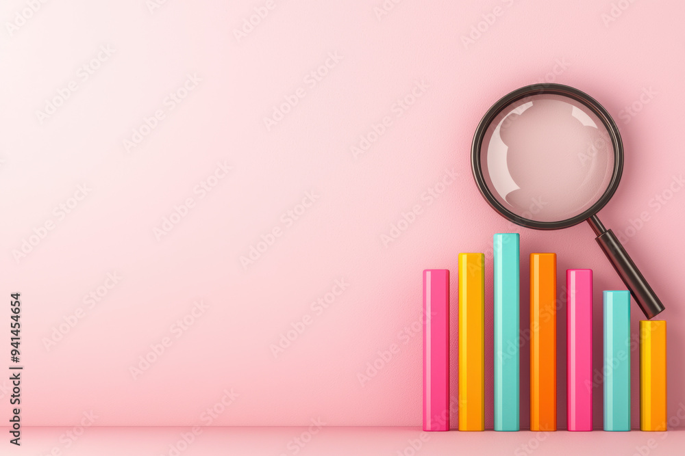 Poster horizontal color bar graph with magnifying glass on pink background, illustrating data analysis, res