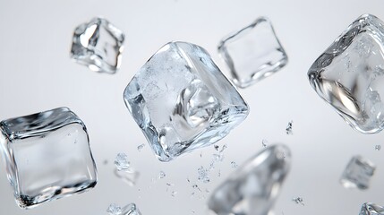 CG Floating Ice Cubes: Perfectly clear CG ice cubes hovering above a white background, with detailed textures and light reflections.
