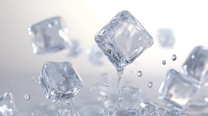 CG Floating Ice Cubes: Perfectly clear CG ice cubes hovering above a white background, with detailed textures and light reflections.
