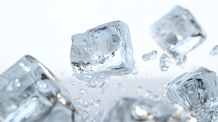 CG Floating Ice Cubes: Perfectly clear CG ice cubes hovering above a white background, with detailed textures and light reflections.
