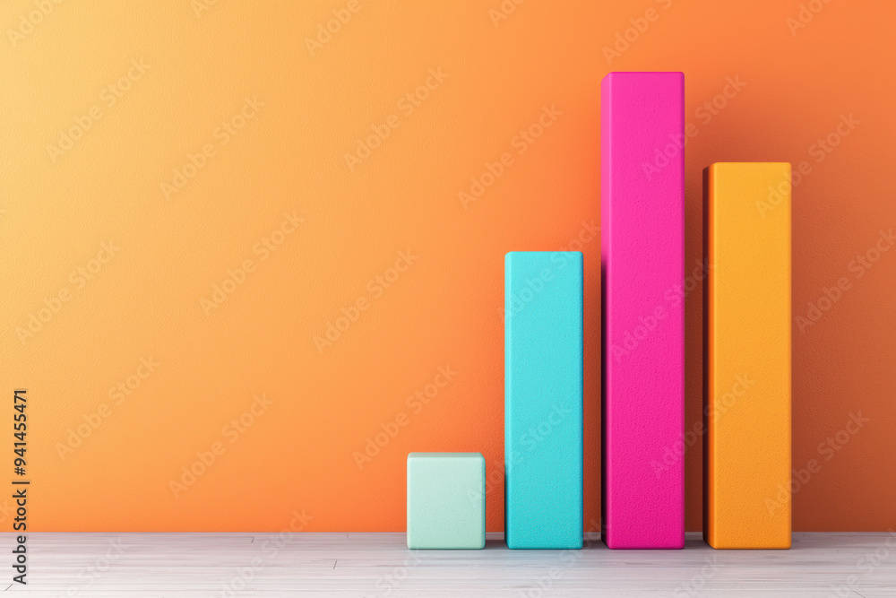 Poster colorful bar chart against an orange background on a wooden surface, representing growth and data vi