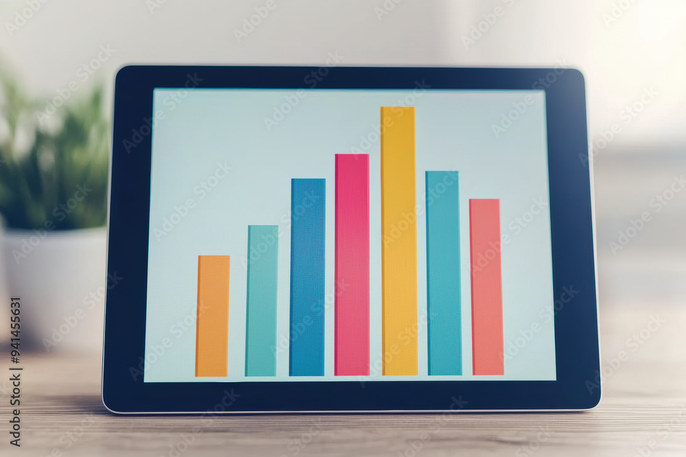 Aufkleber digital tablet displaying colorful bar graph; data analysis and business growth concept, sleek and m