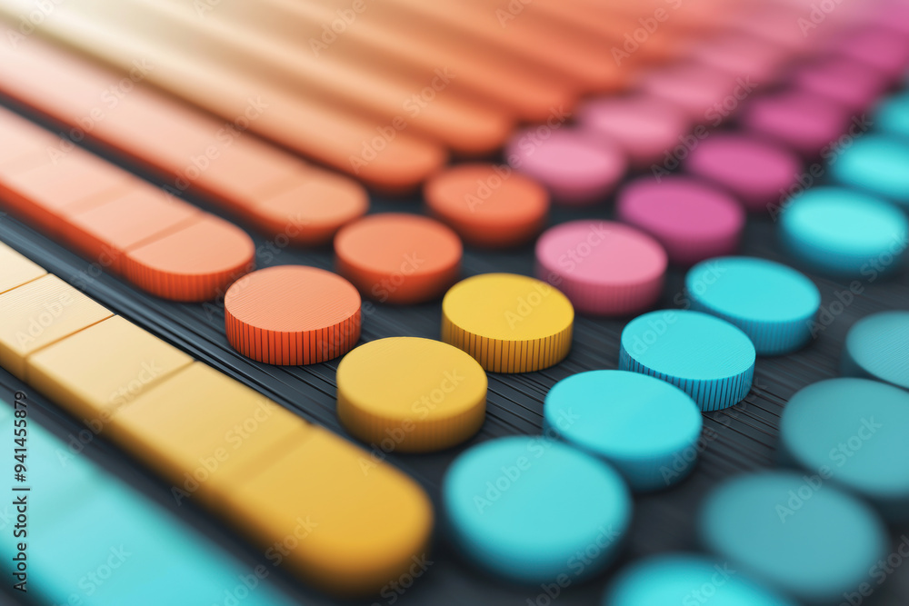Poster vibrant colored shapes arranged in neat rows, creating a visually appealing abstract pattern. perfec