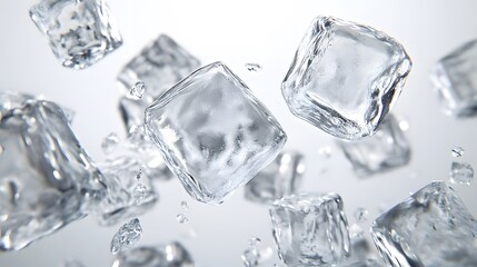 CG Floating Ice Cubes: Perfectly clear CG ice cubes hovering above a white background, with detailed textures and light reflections.
