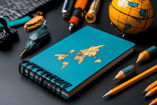 A back-to-school supplies setup themed around global exploration, featuring world map-themed notebooks, a globe-shaped pencil sharpener, and travel-inspired accessories