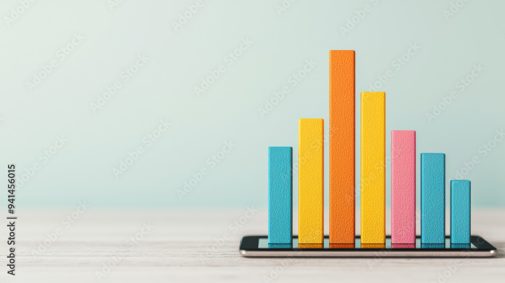 Poster colorful bar graph emerging from a tablet on a wooden table, representing digital analytics and data